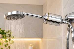 Pure Bath Shower Filter installed with chrome rain shower head